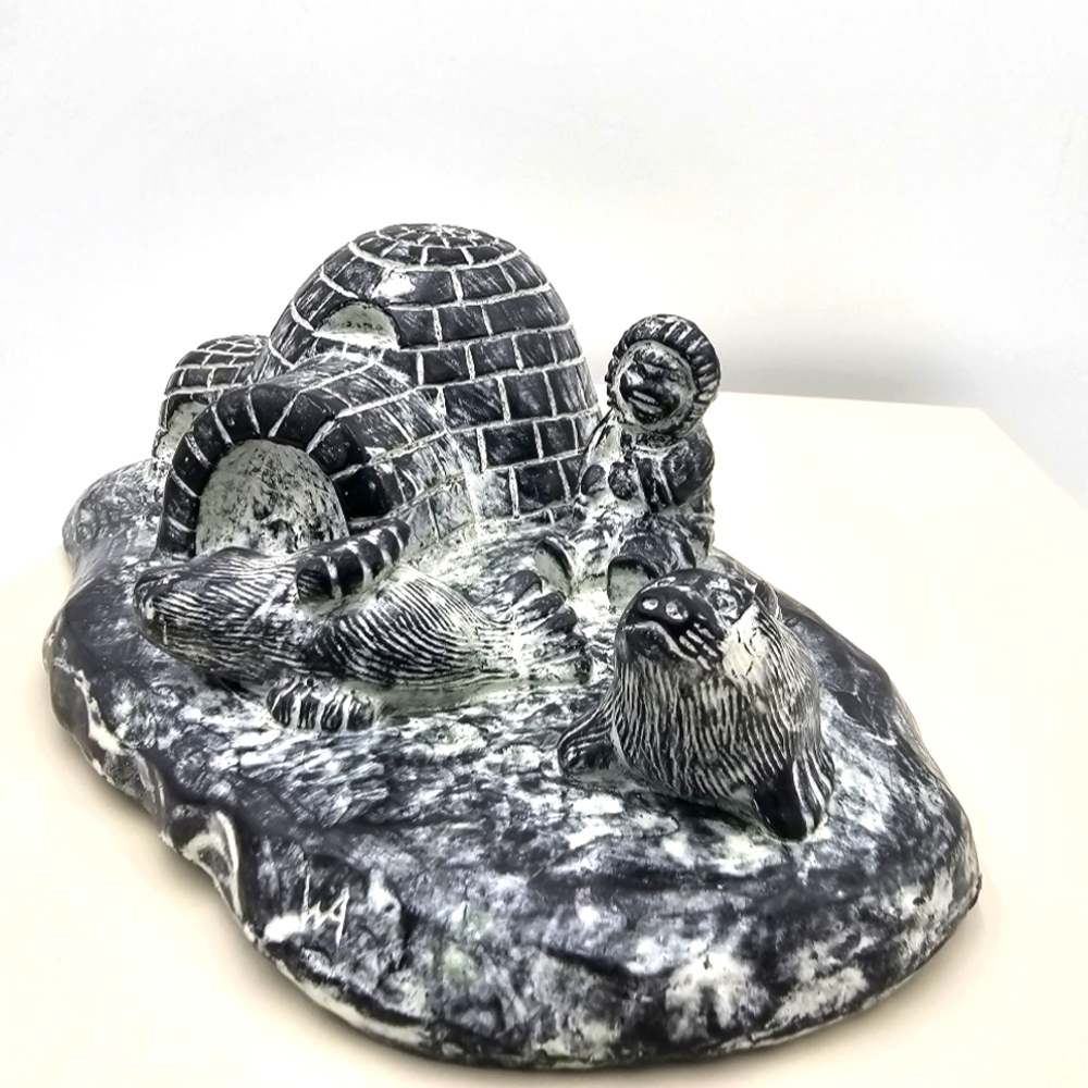 Al Wolf original carved Stone sculpture Inuit Canada Eskimo Igloo Seals figure